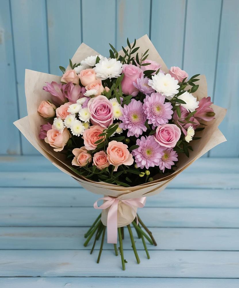 Букет цветов из: Хризантемы, Розы и Альстромерии в Талдоме