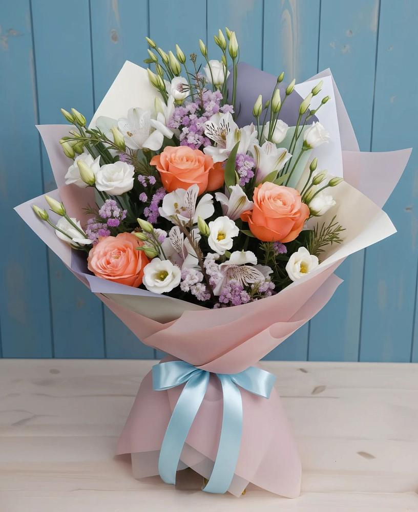 Букет цветов из: Лизиантусы, Розы, Альстромерии и Гипсофила в Талдоме