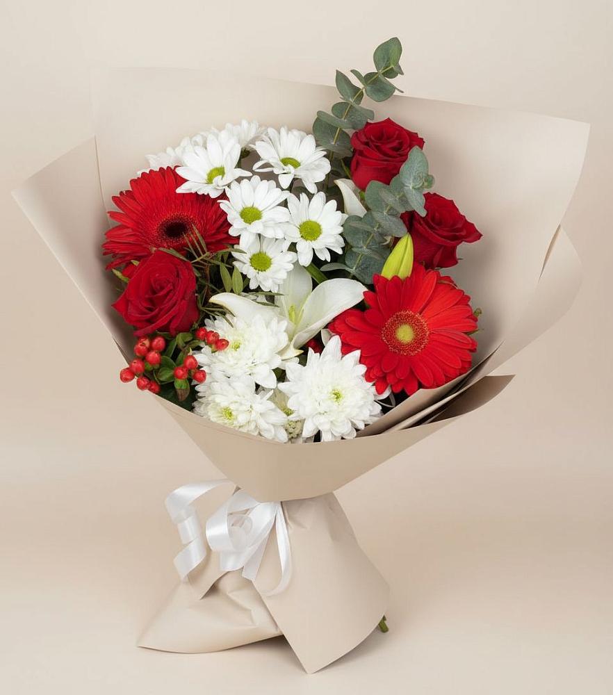 Букет цветов из: Розы, Хризантемы, Герберы и Лилии в Талдоме
