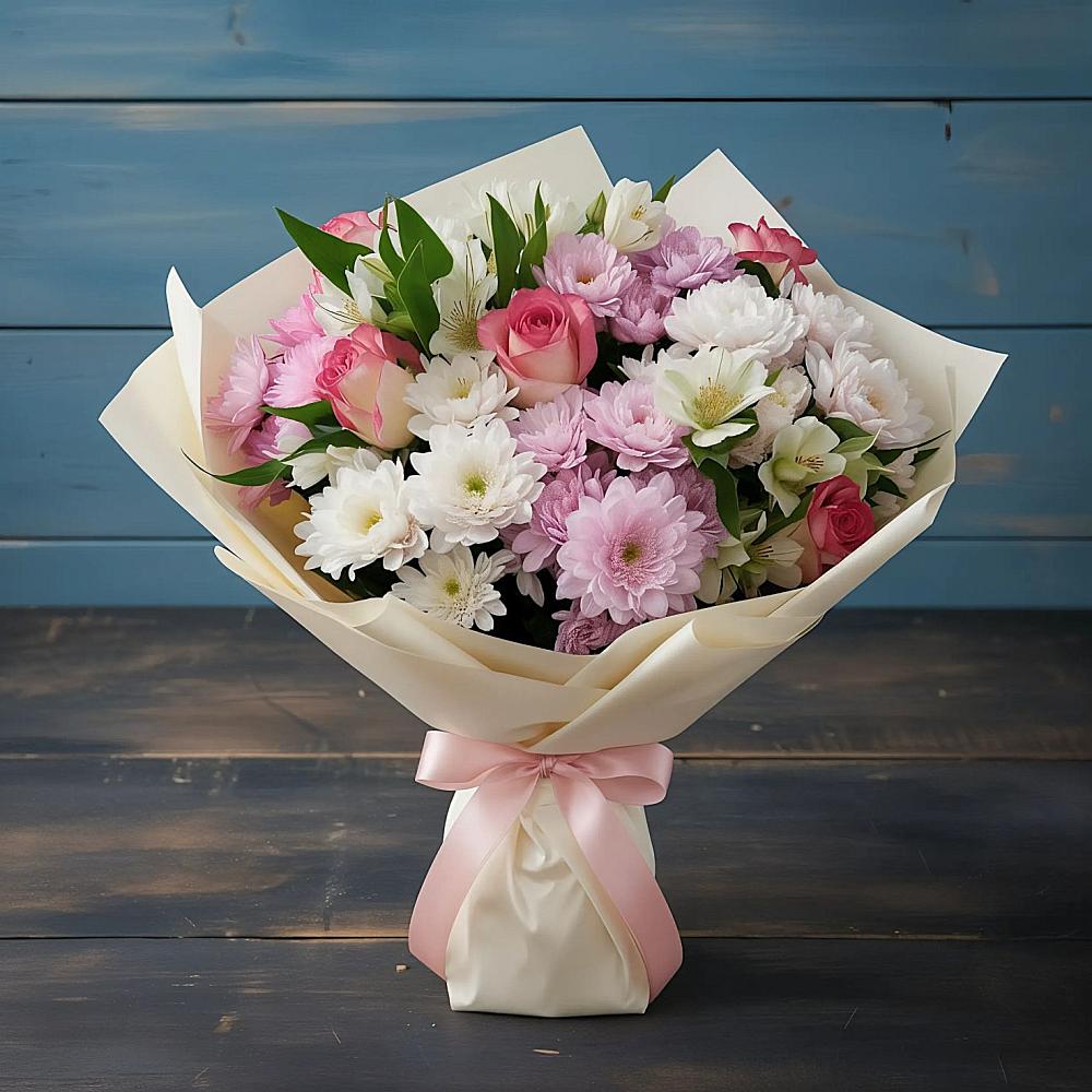 Букет цветов из: Хризантемы, Альстромерии и Розы в Талдоме